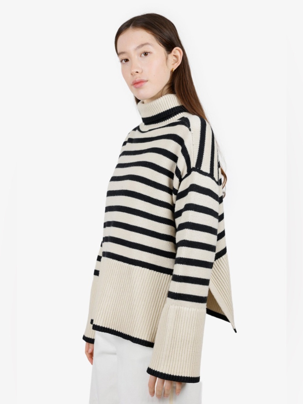 TOTEME BLACK AND WHITE WOOL- COTTON SIGNATURE STRIPE TURTLENECK SWEATER SIZE M - Picture 11 of 12